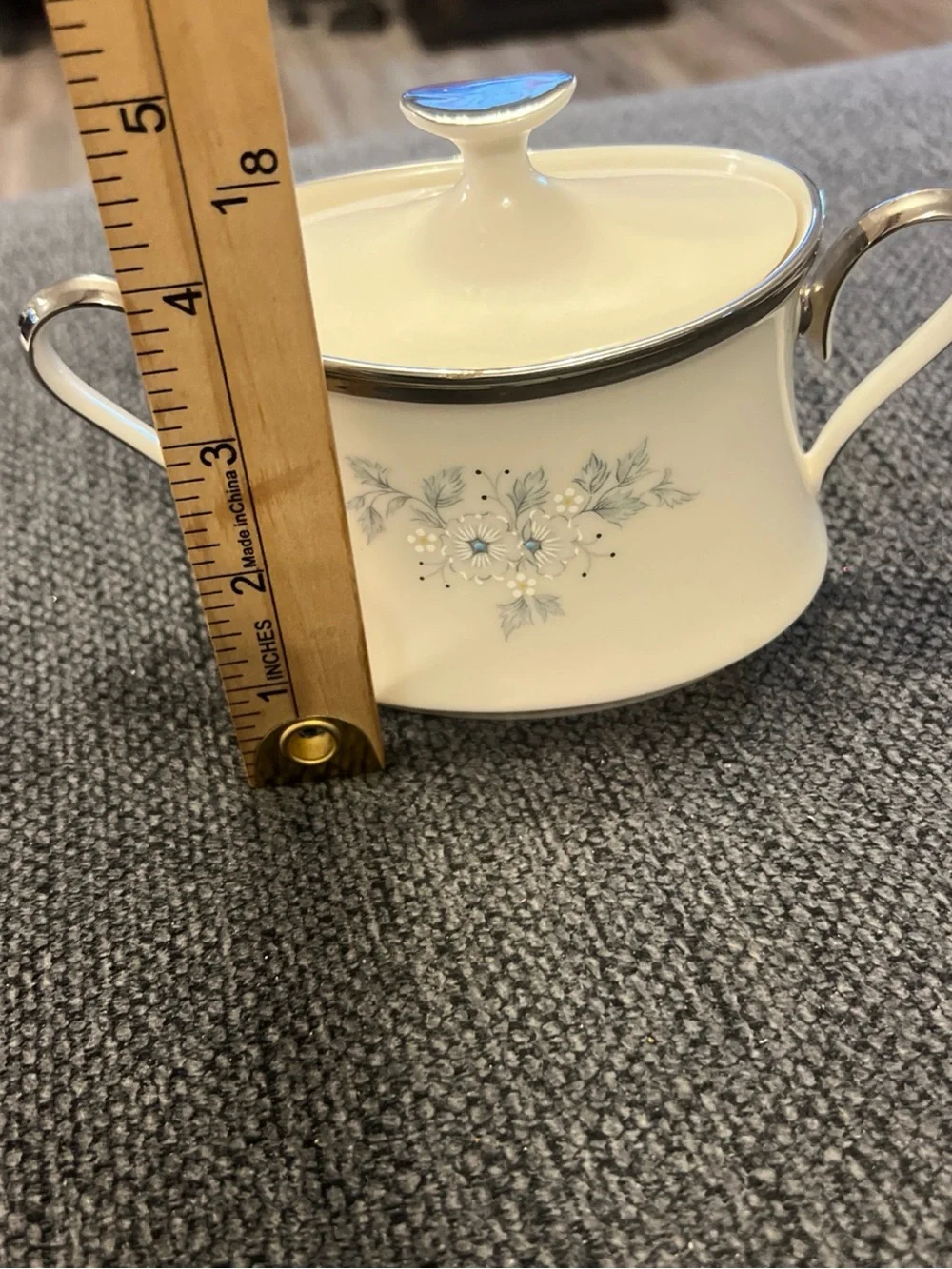 Lenox White Porcelain Covered Sugar Bowl with Blue Floral Motif and Silver Trim